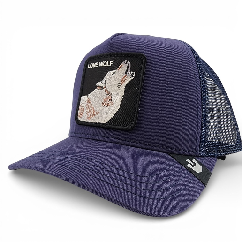 Goorin Bros Lone Wolf Trucker Hat Cap Snapback Navy‎ Blue Mesh Back Patch NEW